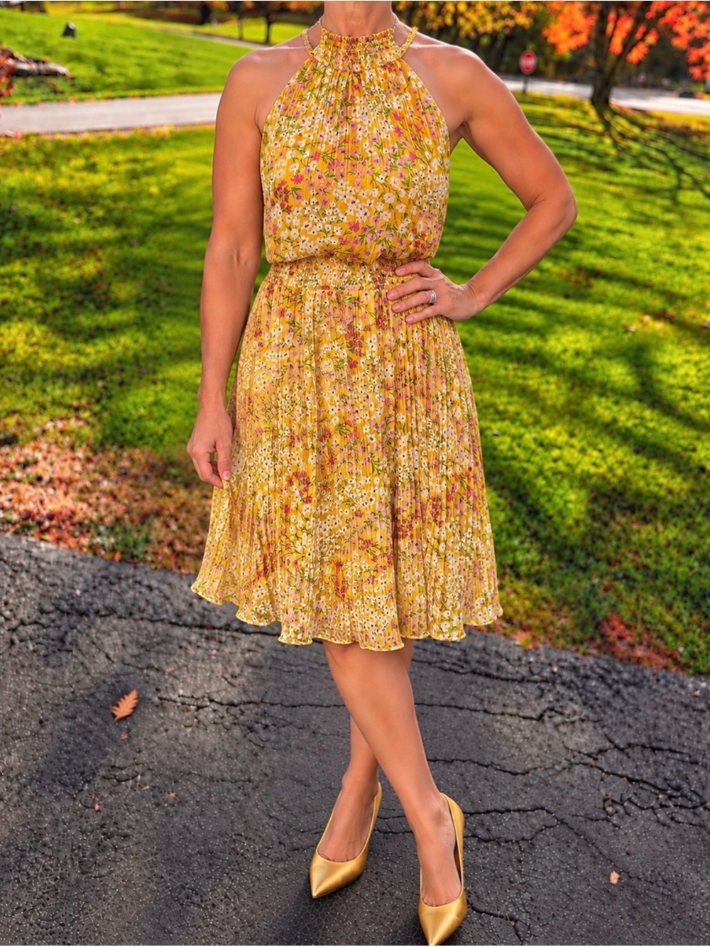 BCBG Yellow Floral Smocked Halter Midi Dress